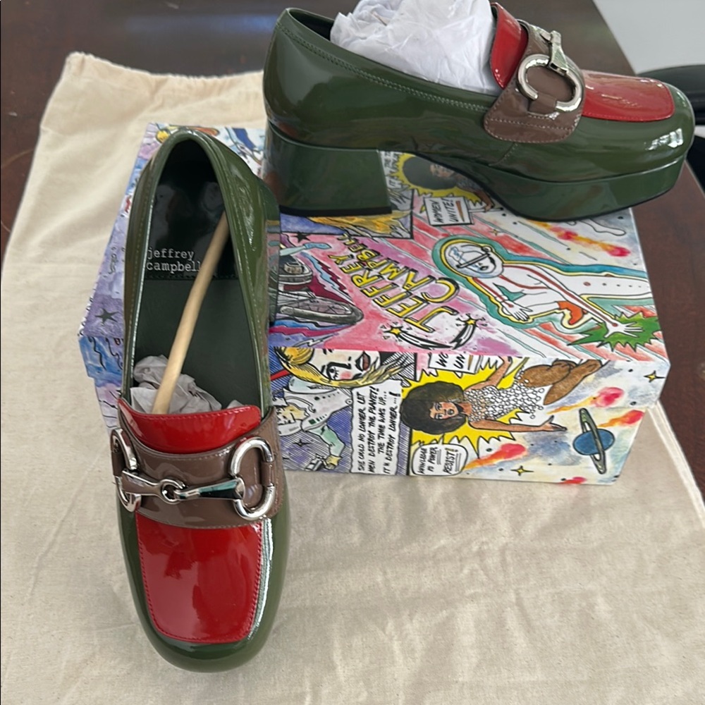 Jeffrey Campbell Red and Green Platform Loafers